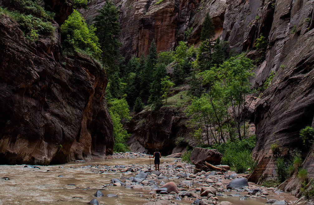 Woman standing in the water in the middle of the Narrows at Zion National Park.