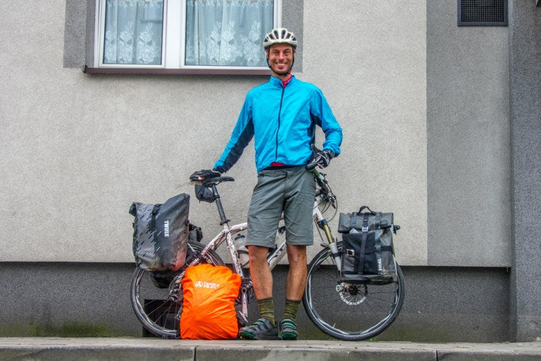 Guy on a bike that packed light for the trip in the Czech Republic.