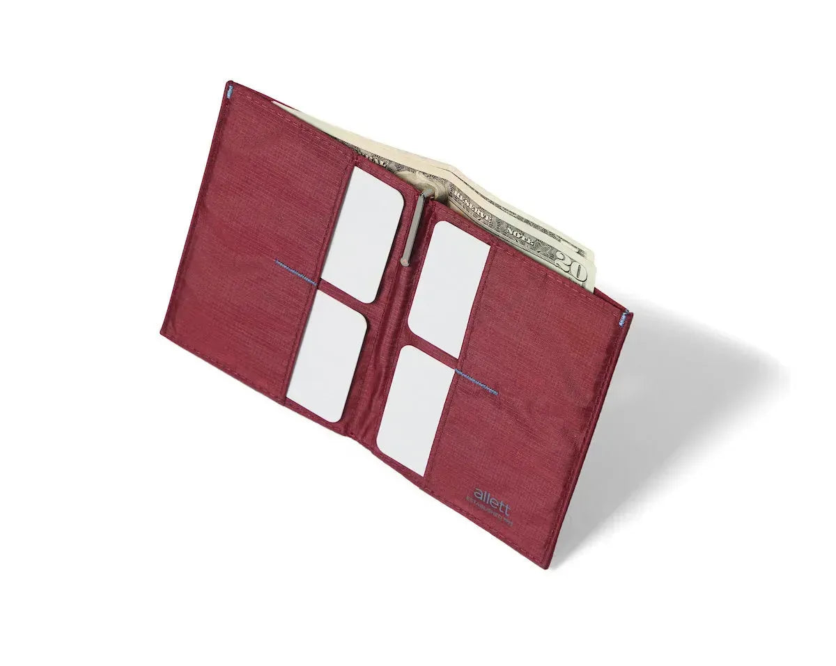 Profile version of the open The Original vegan nylon wallet with multiple card carrying pockets mulberry