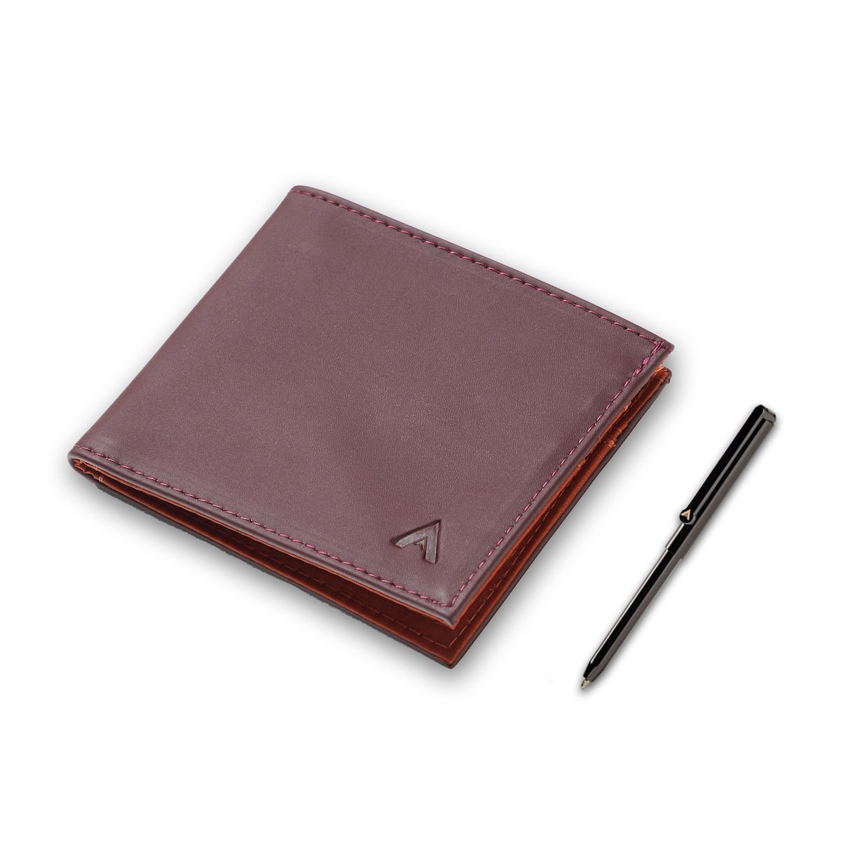 Closed ultra thin merlot leather wallet from Allett, next to a small micro pen. Allett Leather ID Wallet merlot pen