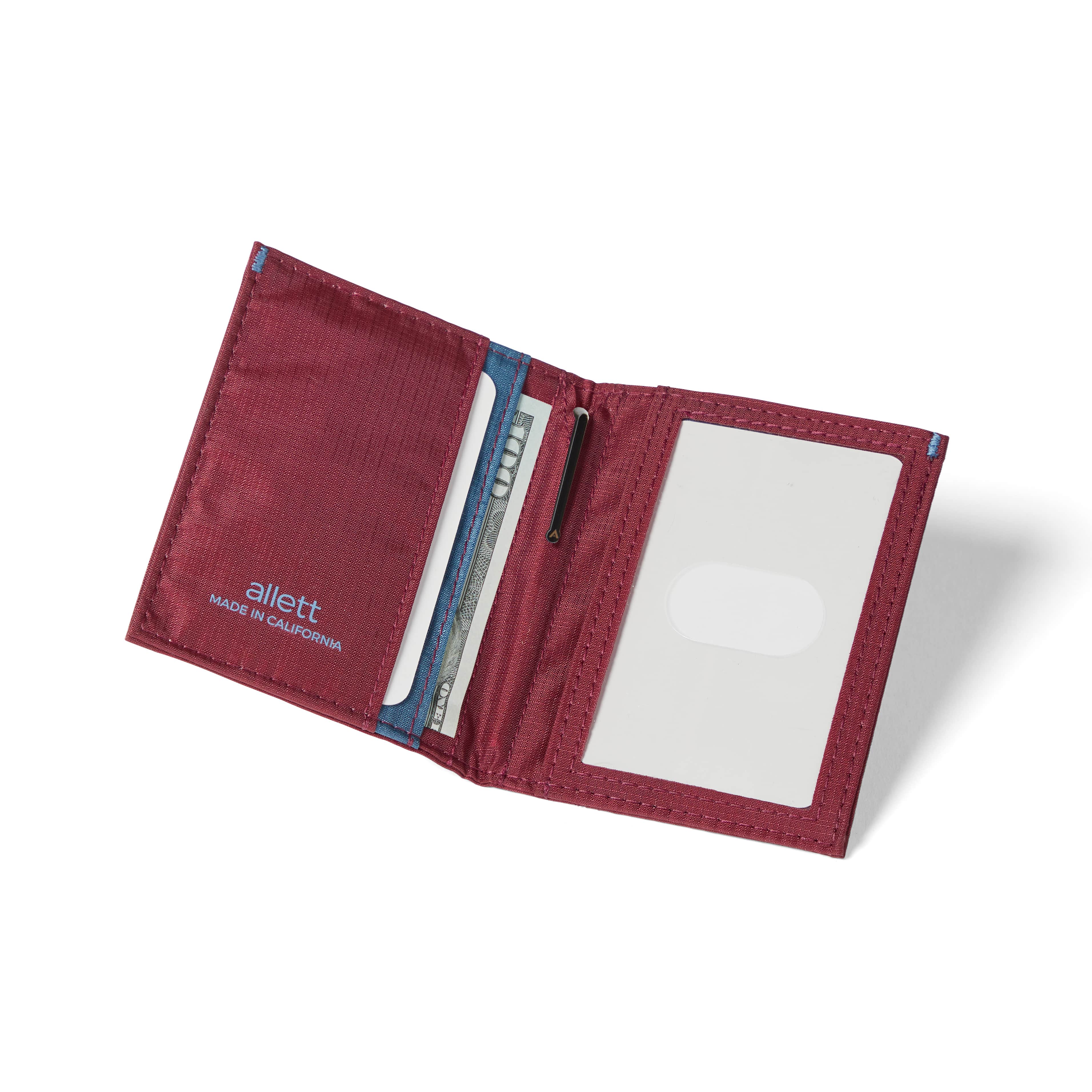 Mulberry RFID hybrid card wallet, open with an ID slot and multiple card compartments, constructed with vegan nylon. Allett Hybrid Card Wallet mulberry