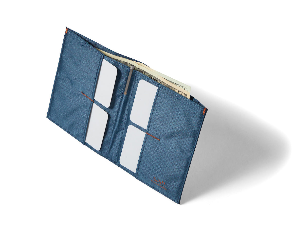 The Original Nylon Wallet from Allett open to show the structure of the wallet and the cards it holds indigo-blue