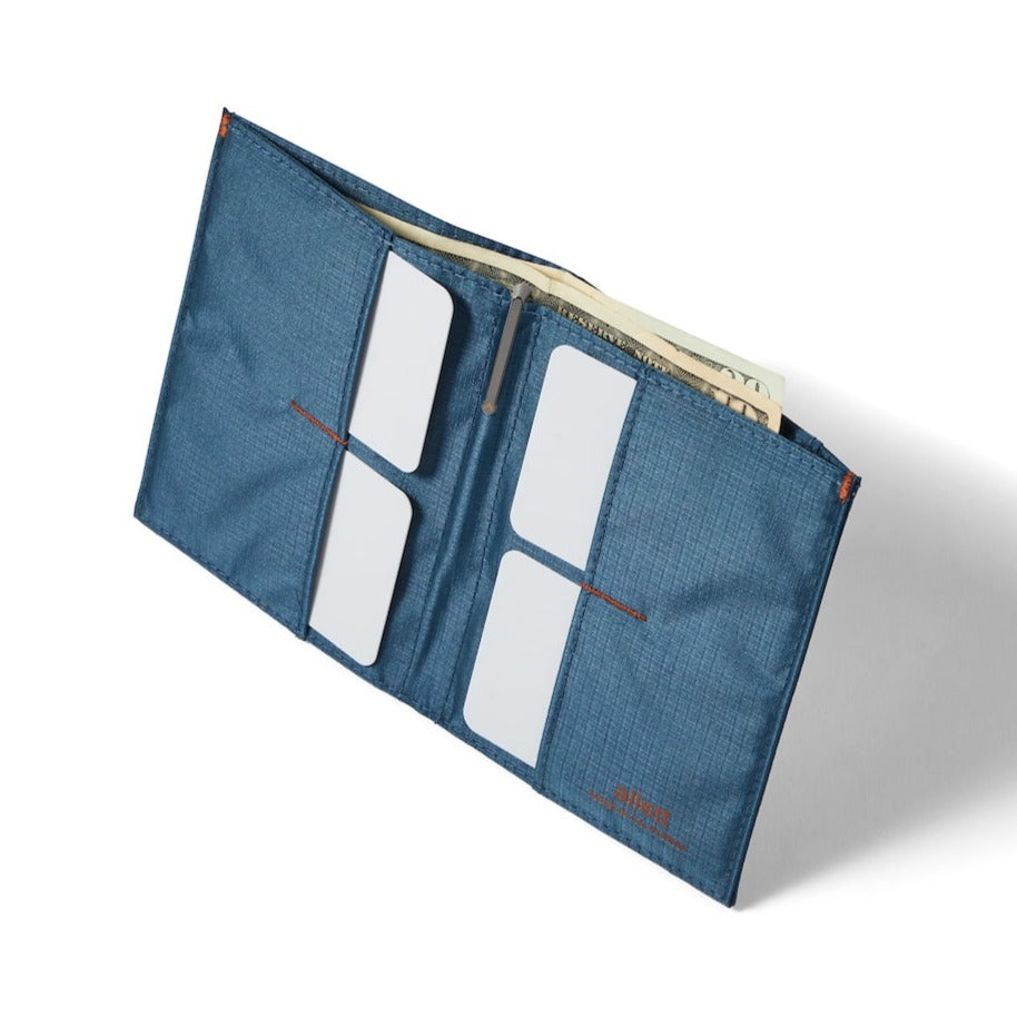 The Original Nylon Wallet from Allett open to show the structure of the wallet and the cards it holds indigo-blue