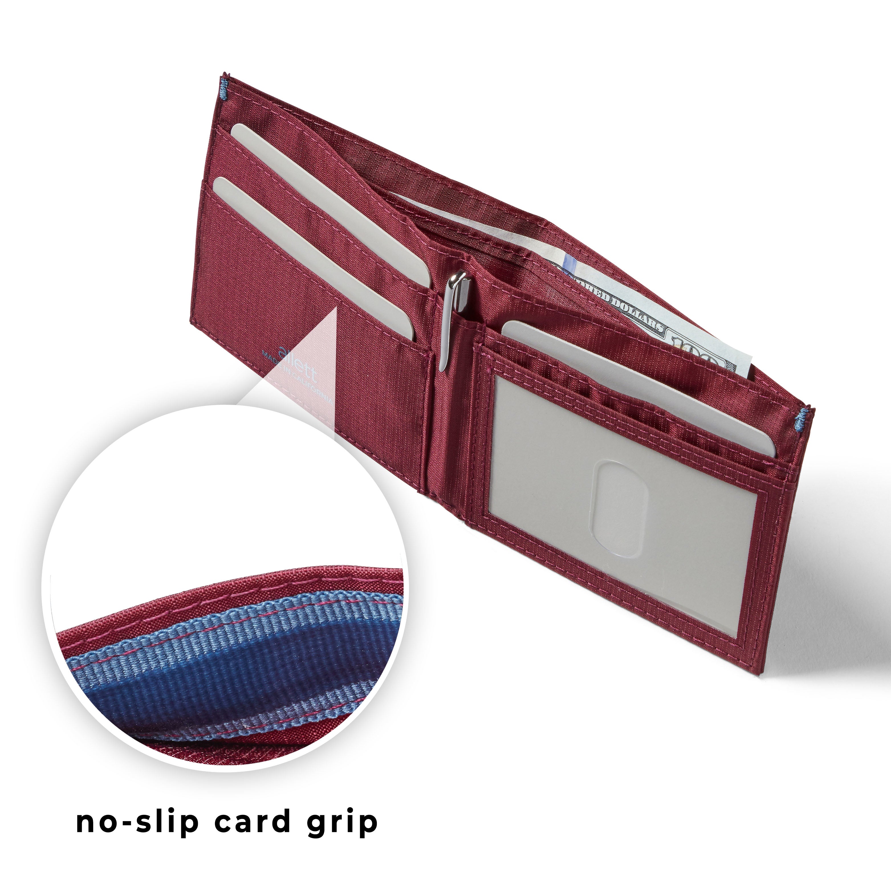 magnified circle to show the no slip grip -Allett ID Wallet Nylon RFID Mulberry