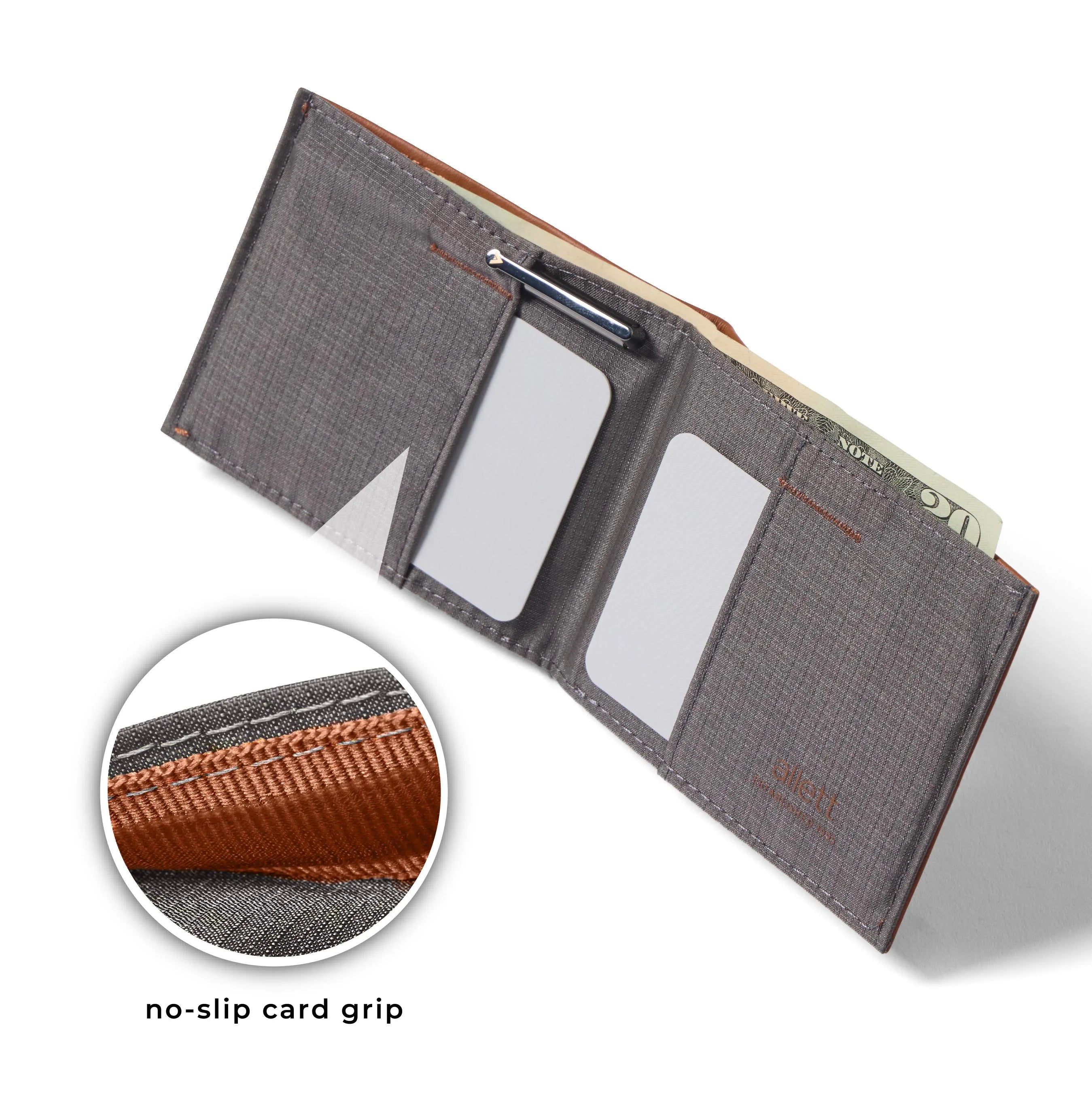 Allett RFID Blocking Leather Sport Wallet inside view with no-slip card grip hazel-brown