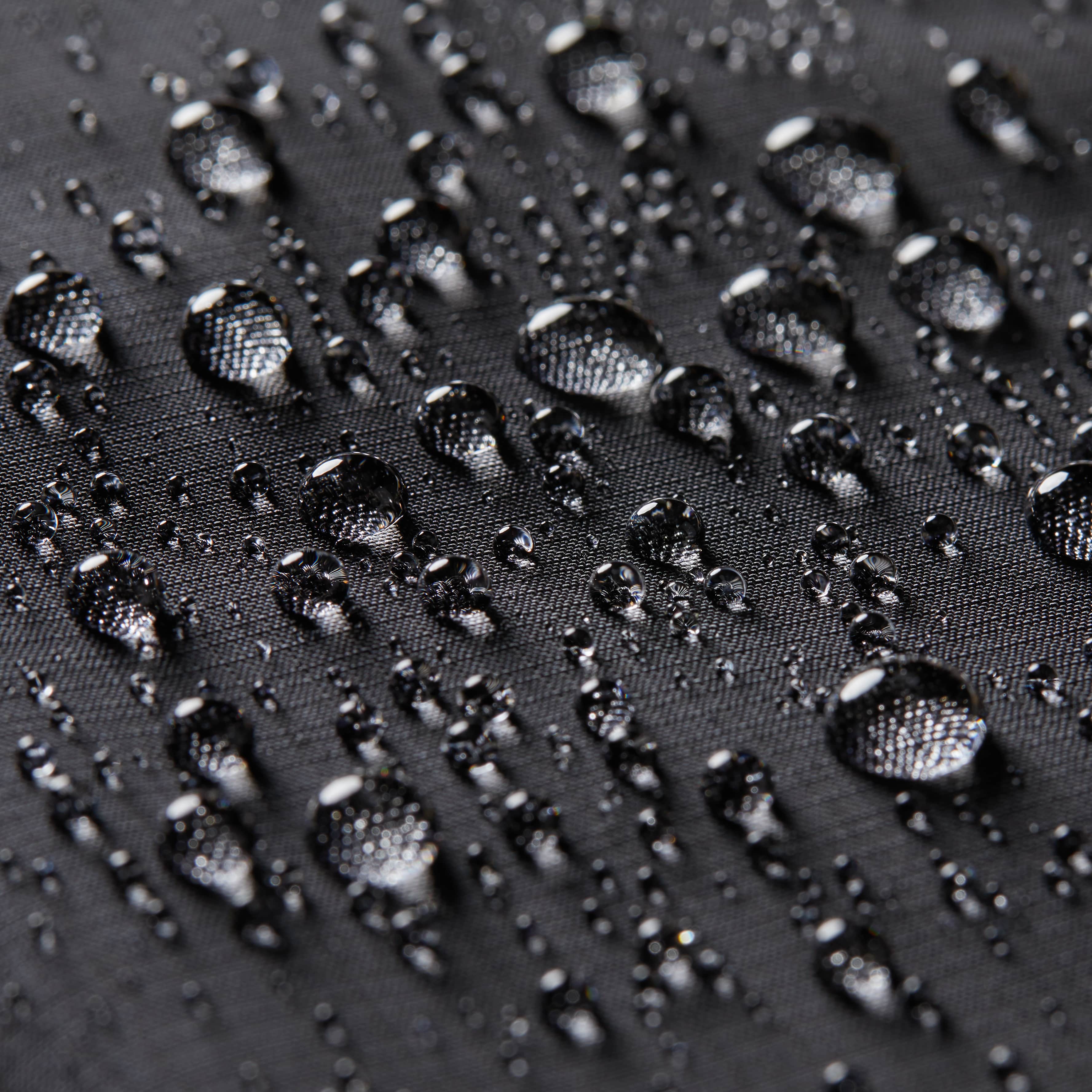 Concept image showing water droplets on top of the nylon of a jet black vegan coin wallet, with the Allett logo visible in a grey color. allett coin wallet 2.0 jet-black