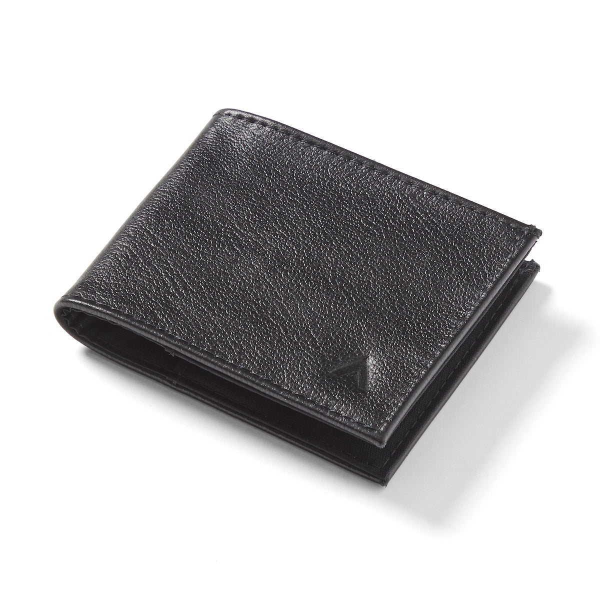 An onyx black RFID sports wallet by Allett, crafted from leather, situated closed against a white backdrop. Allett leather sport wallet onyx-black