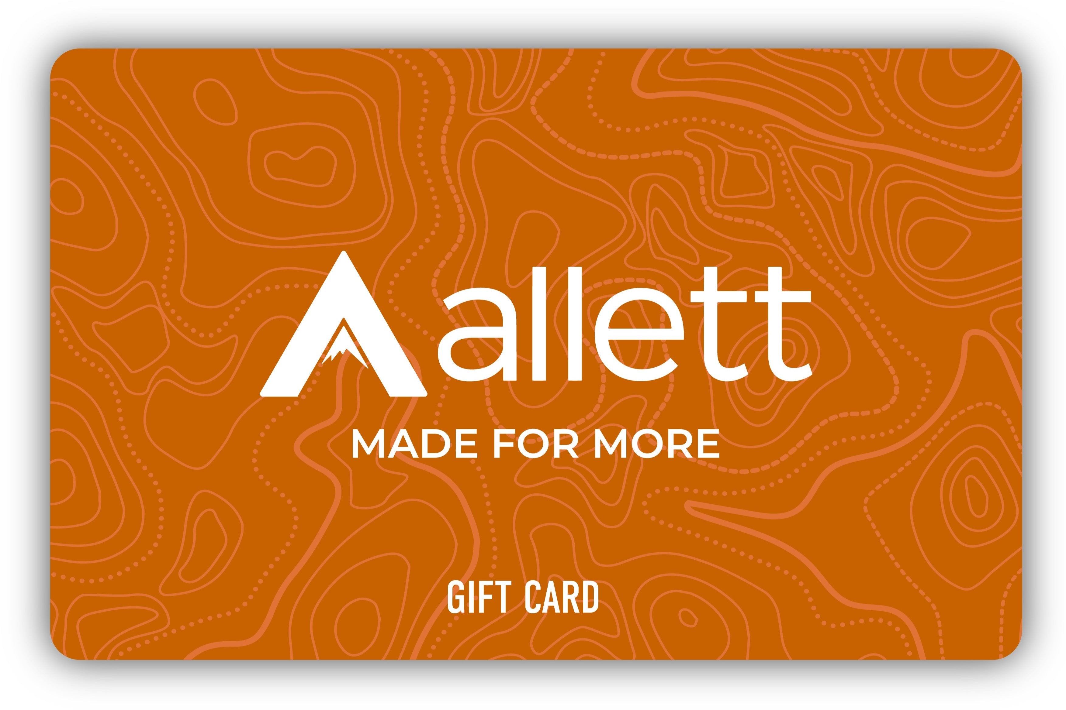 Photo is of one gift card in orange that says Allett, Made for More. Gift cards are for Allett Wallets.