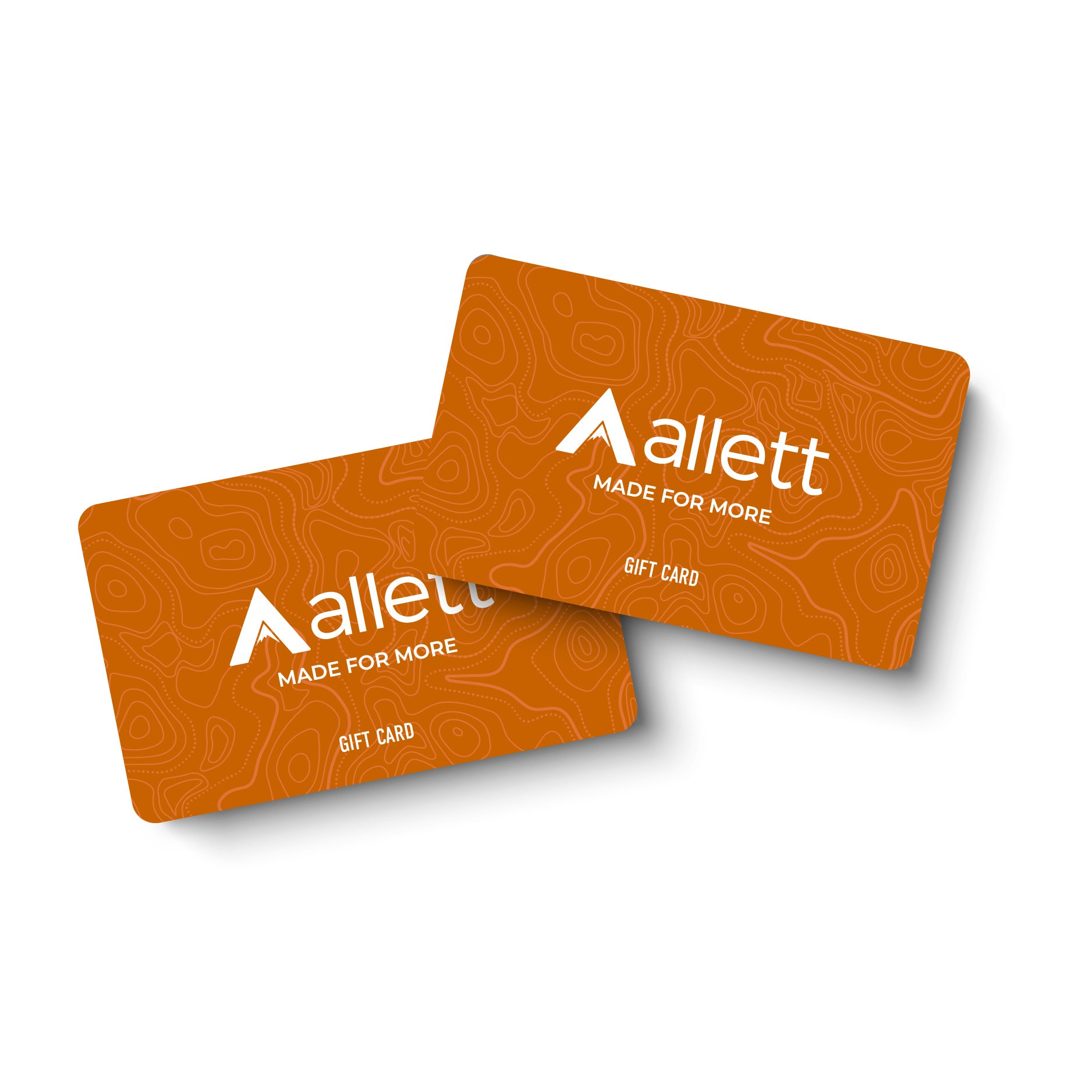 Photo is of two gift cards in a light brown tan color that say "Allett, Made for More"