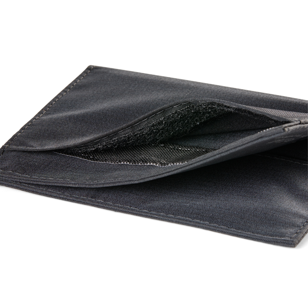 Zoomed in photo of the velcro that houses coins on the exterior of the nylon jet black coin wallet. allett coin wallet 2.0 jet-black